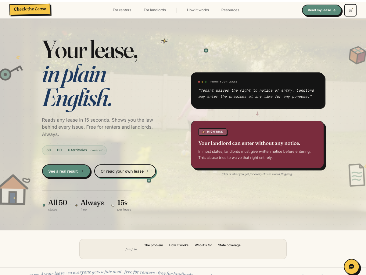 Check the Lease homepage with editorial cream brand and hand-drawn key, house, and moving box illustrations
