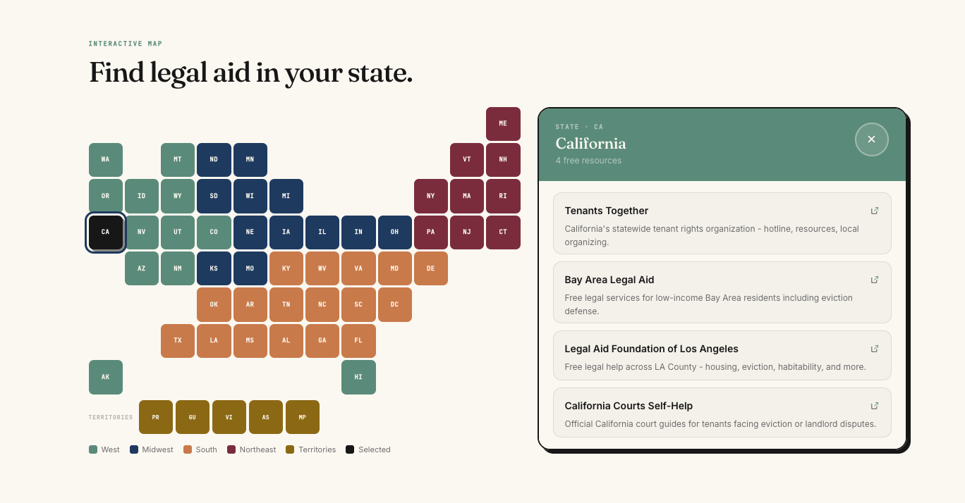 Check the Lease 50-state legal-aid directory showing the interactive state picker with California selected, revealing four free legal-aid resources for that state
