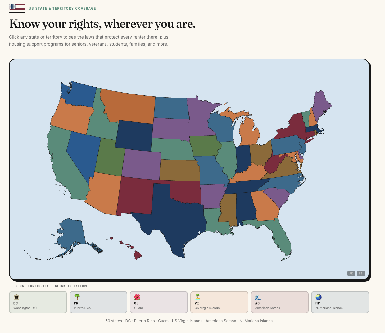 Check the Lease interactive US state map showing all 50 states plus DC and 6 territories, each clickable to reveal tenant laws and legal-aid resources