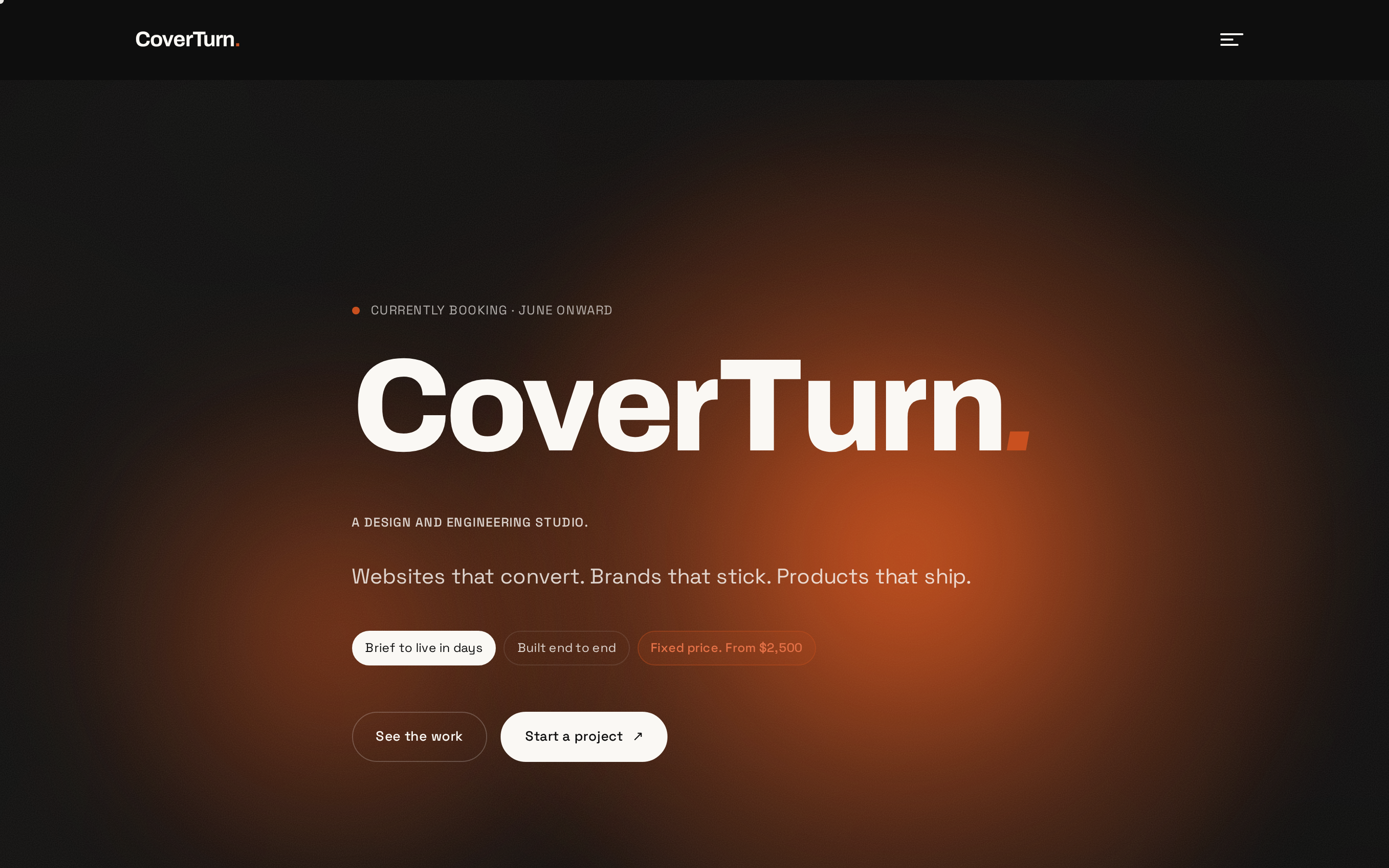 CoverTurn marketing site. Dark editorial hero with burnt sienna accent. A design and engineering studio.