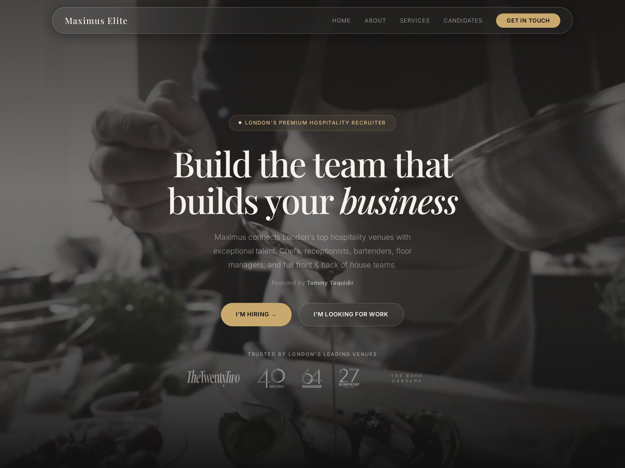 Maximus Elite homepage. London hospitality recruitment agency. Editorial brand, near-black with gold accent.